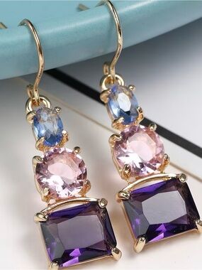 NEW Triple Gem Drop Earrings in Purple, Pink & Blue. Luxury earrings 🩷💜💙